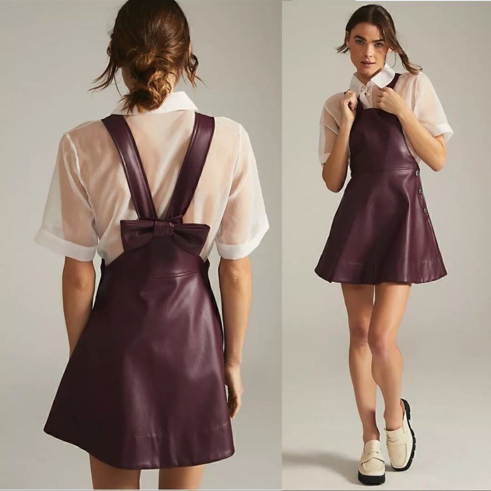 Anthropologie Maeve Faux Leather Pinafore In Plum NEW Size Small